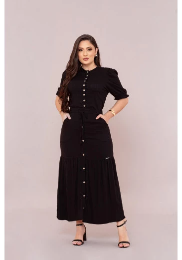 Conjunto Em Viscolinho Evasê  Preto Mulher Morena Outono/Inverno 2025