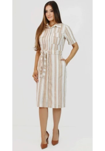 Vestido Chemissie Larissa Em Linho Listrado Bege Nítido Outono/Inverno 2025