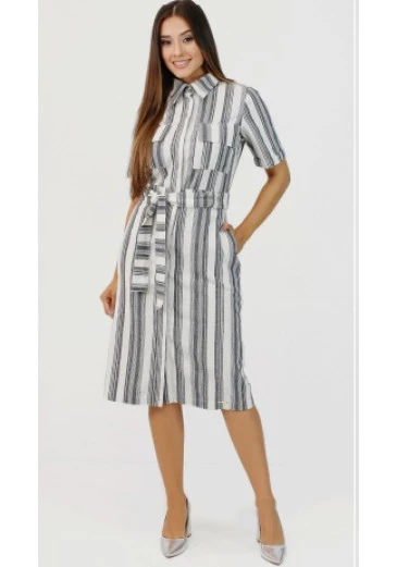 Vestido Chemissie Larissa Em Linho Listrado Cinza Nítido Outono/Inverno 2025