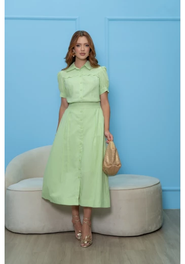 Vestido Midi Em Linho Com Bolsos Verde Luciana Pais Alto Verão 2025