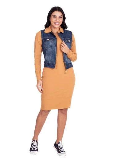 Vestido Indira Em Malha Canelada Com Jaqueta Jeans Caramelo Hapuk Outono/Inverno 2024