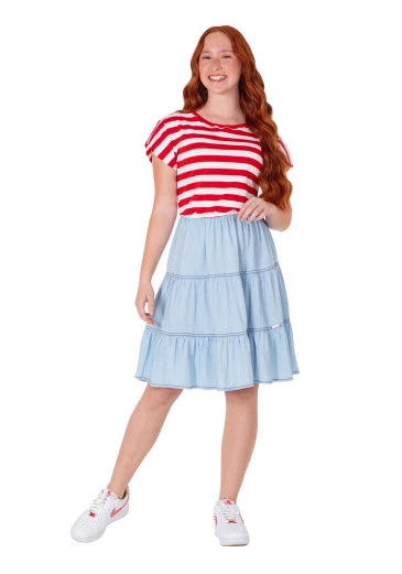 Vestido Zulmira Em Malha Listrada E Jeans Vermelho Hapuk Primavera/Verão 2025