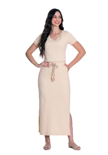 Vestido Ilda Em Malha Canelada Bege HapukOutono/Inverno 2025