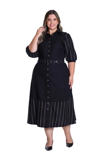Vestido Laura Em Linho Com Bordado Preto Hapuk Outono/Inverno 2025