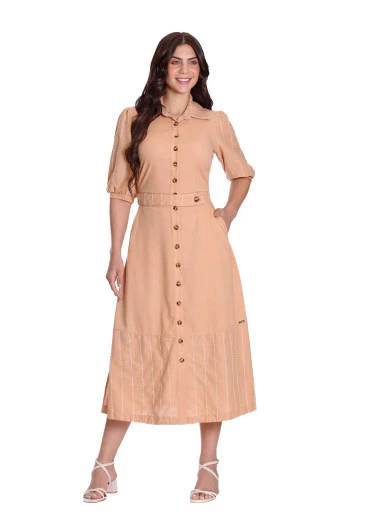 Vestido Laura Em Linho Com Bordado Bege Hapuk Outono/Inverno 2025