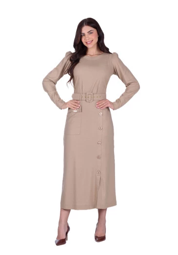 Vestido Eduarda Em Linho Caqui Hapuk Outono/Inverno 2025