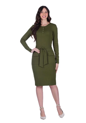 Vestido Fatima Em Ponto Roma Verde Militar Hapuk Outono/Inverno 2025