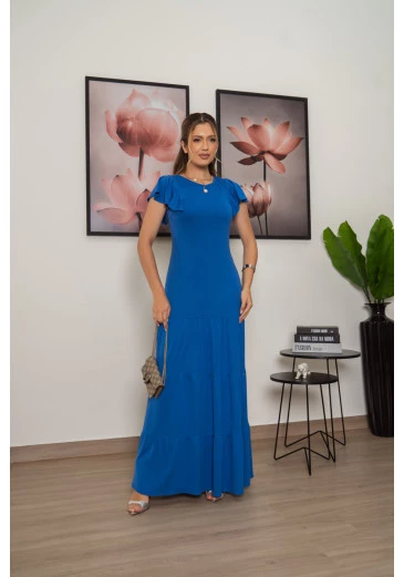 Vestido Longo Em Malha Crepe Com Marias Azul Luciana Pais Primavera/Verão 2025