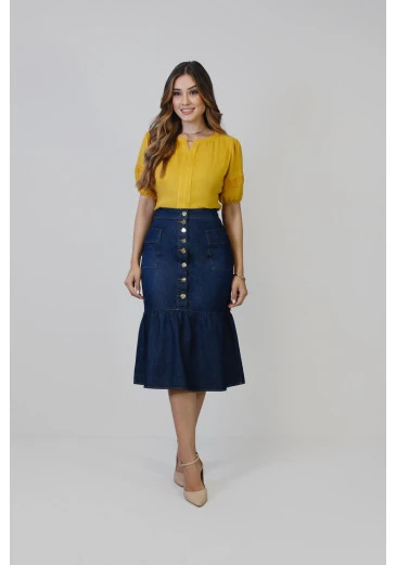 Saia Nara Jeans Midi com Shape Sereia Nítido Primavera/Verão 2025