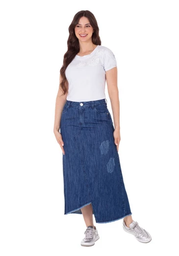 Saia Sabrina Jeans Escuro com Barra Assimétrica Hapuk Primavera/Verão 2025 