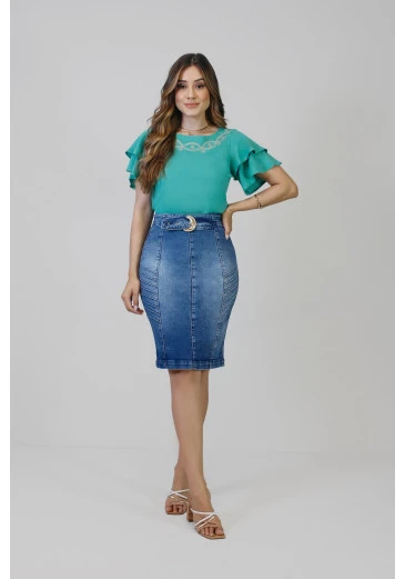 Saia Geisa Secretária Jeans com Faixa e Fivela Nítido Primavera/Verão 2025