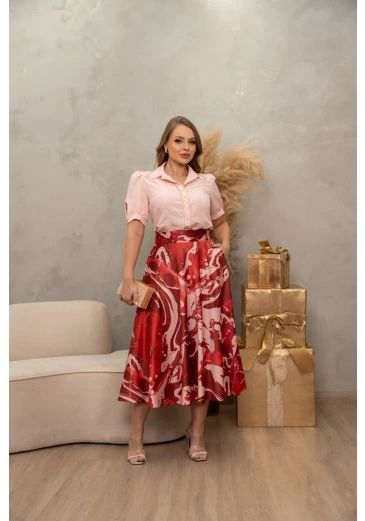Saia Max Lady Like em Crepe Acetinado Com Estampa Exclusiva Kauly Alto Verão 2025 