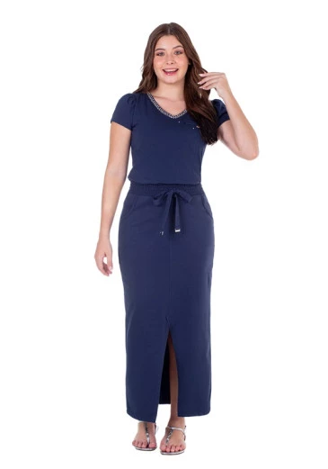 Conjunto Hanna em Moletinho Saia com Fenda Frontal Azul Marinho Hapuk Primavera/Verão 2025 