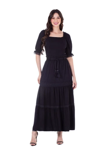 Conjunto Livian em Tecido Plano Saia com Faixa e Babados com Guipir Preto Hapuk Primavera/Verão 2025 