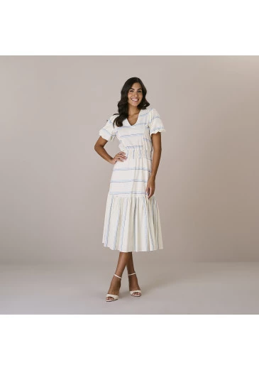 Vestido Rebeca Em Linho Bordado Azul Tatá Martello Outono/Inverno 2025