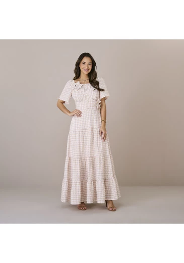 Vestido Izaura Em Xadrez Bordado Bege Tatá Martello Outono/Inverno 2025