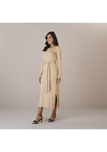 Vestido Kelly Em Malha Viscolycra Bege Tatá Martello Outono/Inverno 2025