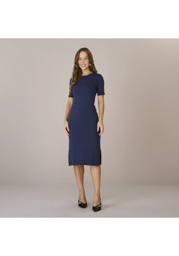 Vestido Marcia Em Canelado Liberty Azul Marinho Tatá Martello Outono/Inverno 2025