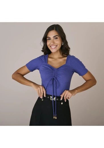 Blusa Katia Em Malha Canelada Azul Tatá Martello Outono/Inverno 2025