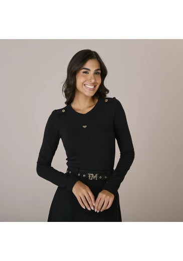 Blusa Claudia Em Malha Canelada Preta Tatá Martello Outono/Inverno 2025