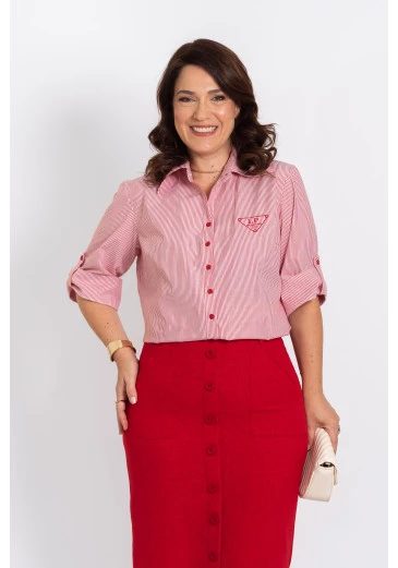 Camisete Em Tricoline Listrado Com Detalhe Bordado Luciana Pais Alto Verão 2025