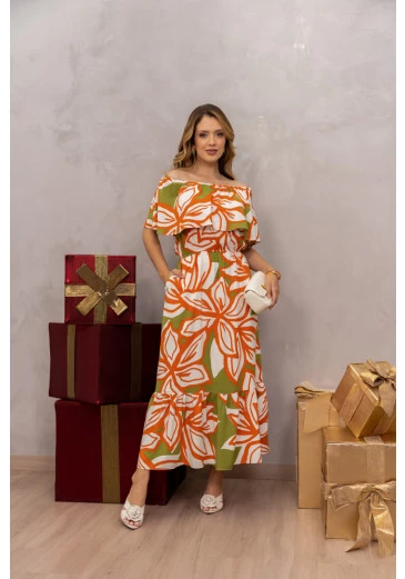 Vestido Midi Em Viscose Estampado Com Detalhe De Elástico Luciana Pais Alto Verão 2025