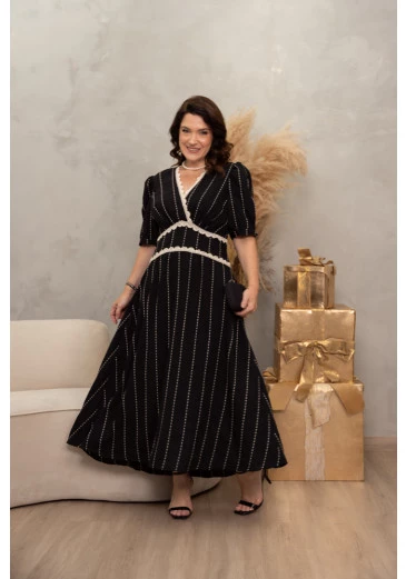 Vestido Max Voil Bordado Com Detalhes Em Renda Preto Kauly Alto Verão 2025