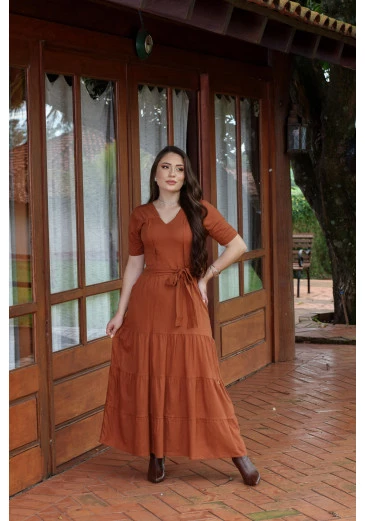 Vestido Em Linho Max Midi Marrom Mulher Morena Outono/Inverno 2025