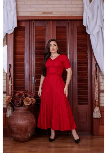 Vestido Em Linho Max Midi Vermelho Mulher Morena Outono/Inverno 2025