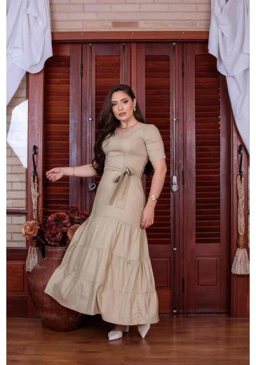 Vestido Em Linho Max Midi Palha Mulher Morena Outono/Inverno 2025