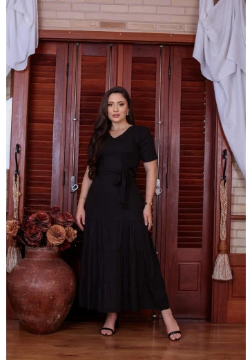 Vestido Em Linho Max Midi Preto Mulher Morena Outono/Inverno 2025