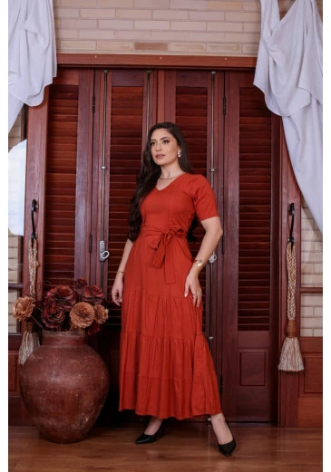 Vestido Em Linho Max Midi Terracota Mulher Morena Outono/Inverno 2025