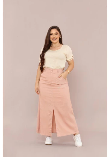 Saia Em Linho Midi Rose Mulher Morena Outono/Inverno 2025