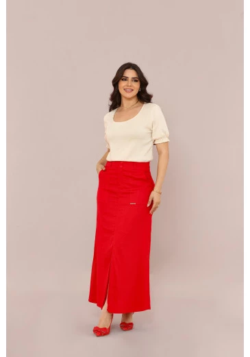 Saia Em Linho Midi Vermelha Mulher Morena Outono/Inverno 2025