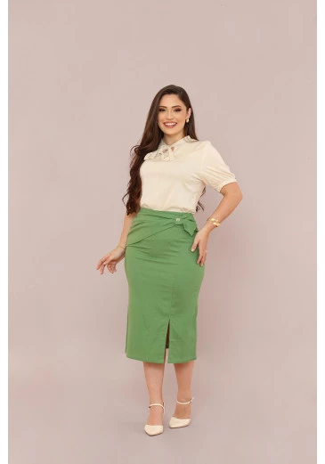 Saia Em Linho Lápis Verde Mulher Morena Outono/Inverno 2025