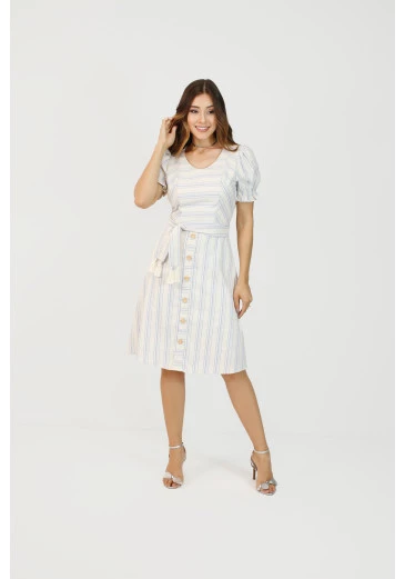 Vestido Ellie Em Linho Listrado Nítido  Outono/Inverno 2025
