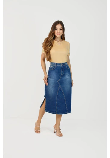Saia Ava Midi Em Jeans Com Fenda Lateral Nítido Outono/Inverno 2025