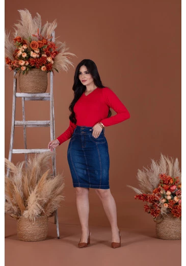 Saia Jeans Escuro Com Elastano Mulher Morena Outono/Inverno 2025