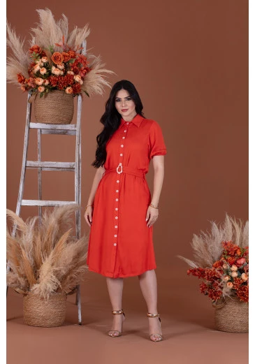 Vestido Em Viscolinho Com Faixa Terracota Mulher Morena Outono/Inverno 2025