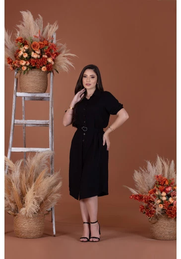 Vestido Em Viscolinho Com Faixa Preto Mulher Morena Outono/Inverno 2025