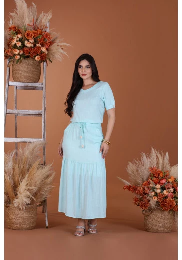 Conjunto Em Viscolinho Verde Agua Mulher Morena Outono/Inverno 2025.