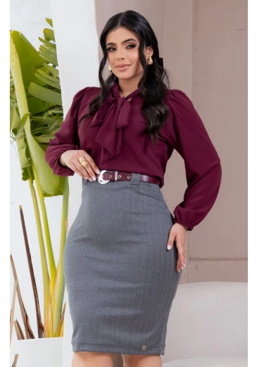 Blusa Cristiane Em Crepe Marsala Maria Amore  Outono/Inverno 2025 