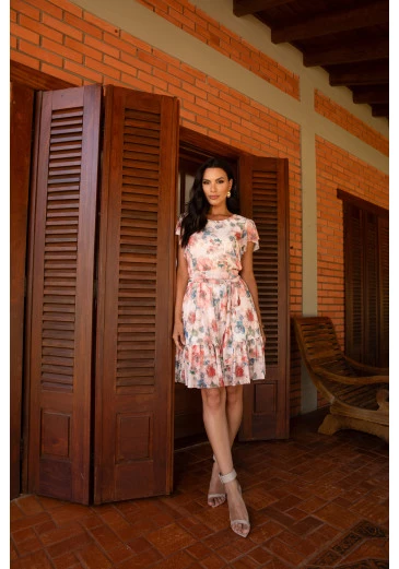 Vestido Juliana Em Tule Com Decote Redondo Estampado Jany Pim Alto Verão 2025