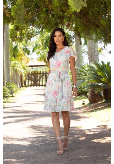 Vestido Maria Em Tule Decote Redondo Evasê Estampado Jany Pim Alto Verão 2025