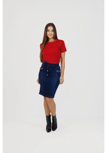 Saia Gizela Secretária Em Malha Denim Nítido Outono/Inverno 2025