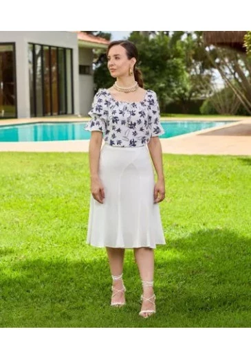 Blusa Monica Com Toque De Seda Estampada Azul Jany Pim Alto Verão 2025