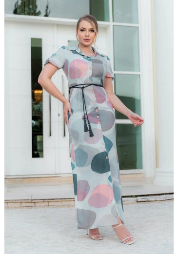 Vestido Chemissiê Longo Em Crepe Franzido Na Manga Cinto Corda Estampado Kauly Alto Verão 2024