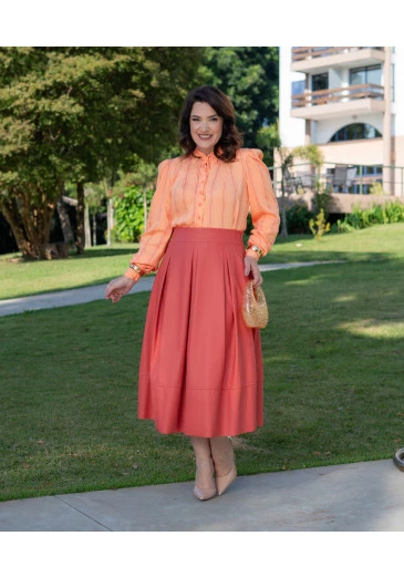 Saia Midi Em P.U Coral Com Pregas Luciana Pais Outono/Inverno 2025