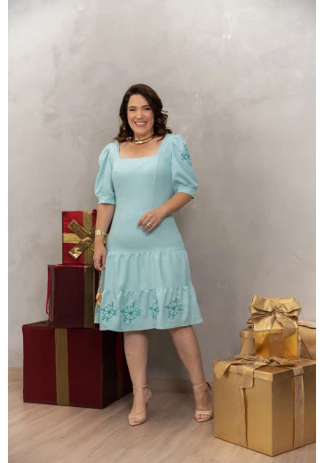 Vestido Em Crepe Com Bordado Exclusivo Azul Luciana Pais Alto Verão 2025