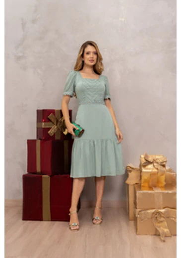 Vestido Em Crepe Maquinetado Verde Luciana Pais Alto Verão 2025